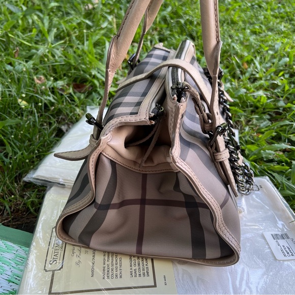 Authentic Burberry Smoked Check Satchel Beige Grey And Leather Bartow Bowler Bag - Picture 4 of 15